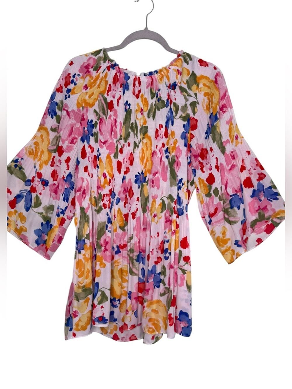 Floral & Ivy Boho Women's Pleated Blouse Multicolor Floral Bell Sleeve Top 1X